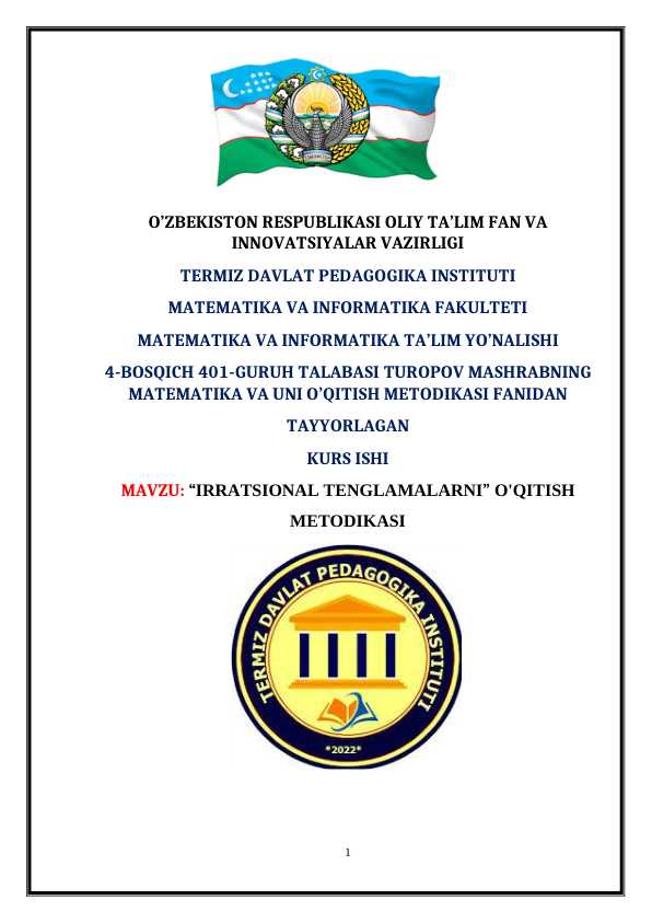 IRRATSIONAL TENGLAMALARNI” O'QITISH METODIKASI