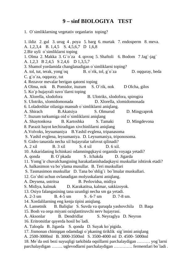 9 SINF BIOLOGIYA TESTLAR