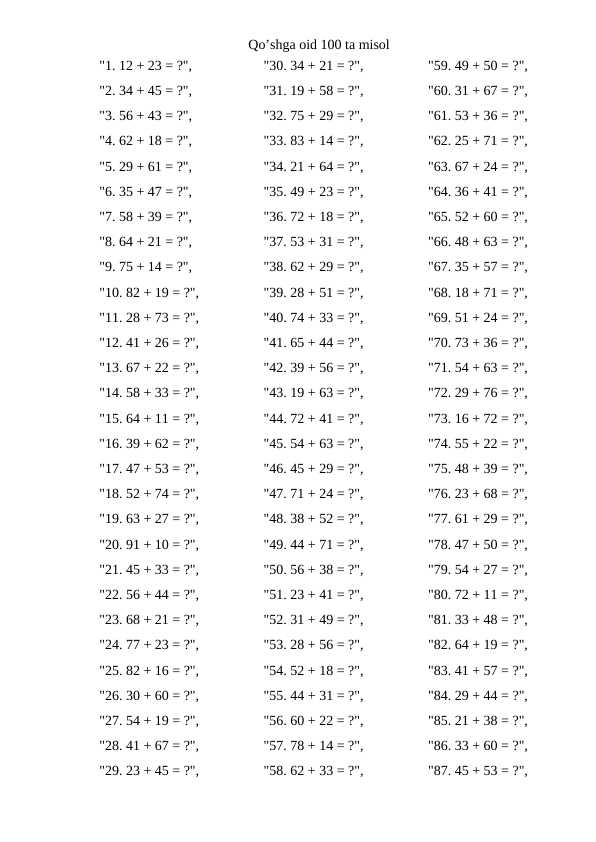 Qo’shga oid 100 ta misol
