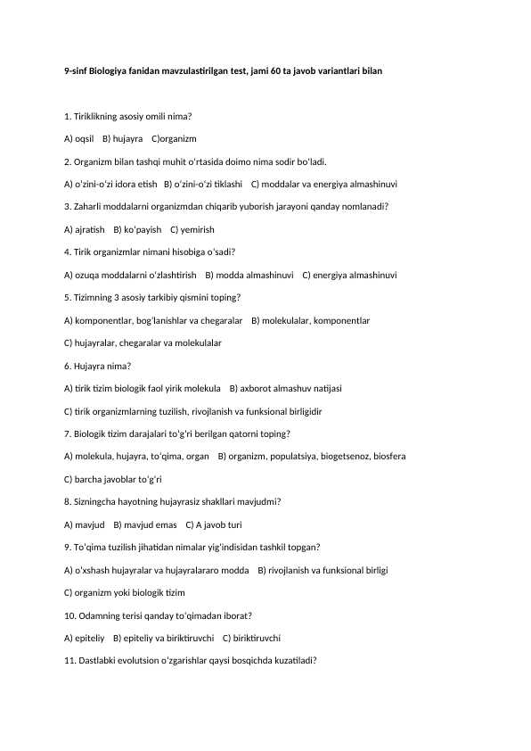 9-sinf Biologiya fanidan mavzulastirilgan 100 talik test