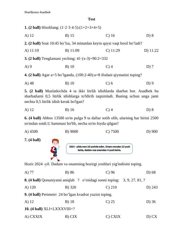 4-sinf olimpiada test - 20 talik