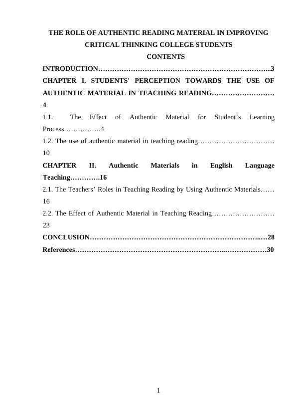 THE ROLE OF AUTHENTIC READING MATERIAL IN IMPROVING CRITICAL THINKING COLLEGE STUDENTS