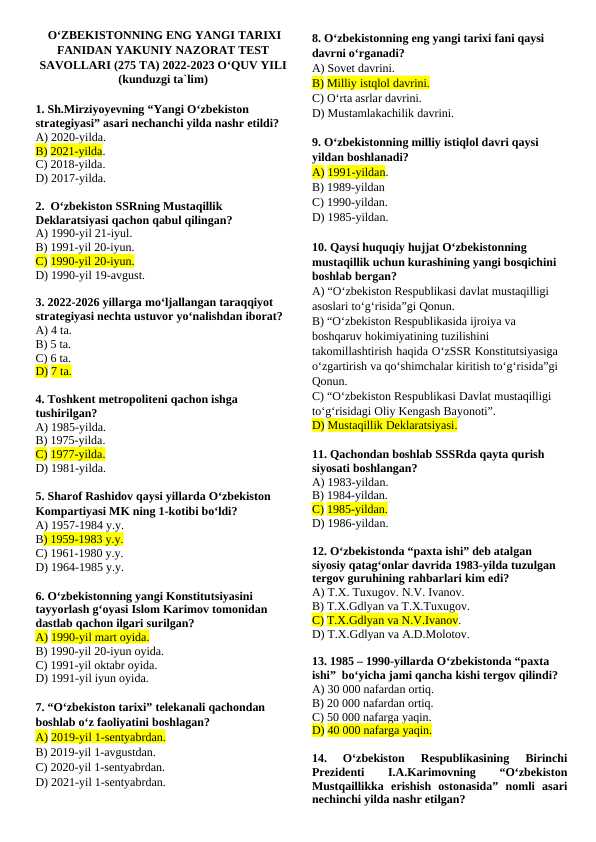 O‘ZBEKISTONNING ENG YANGI TARIXI FANIDAN YAKUNIY NAZORAT TEST SAVOLLARI (275 TA