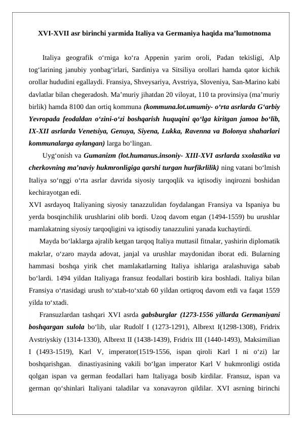 XVI-XVII asr birinchi yarmida Italiya va Germaniya haqida ma’lumotnoma