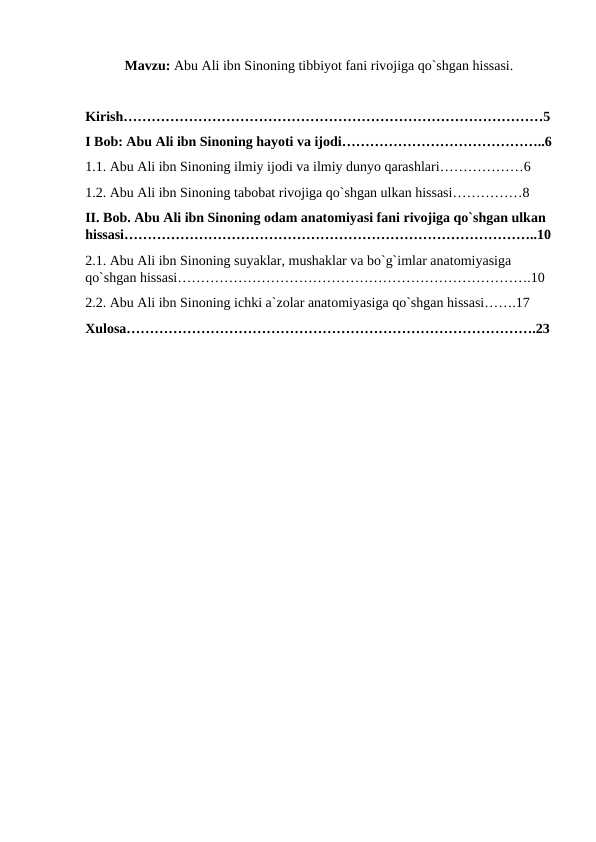 Abu Ali ibn Sinoning tibbiyot fani rivojiga qo`shgan hissasi