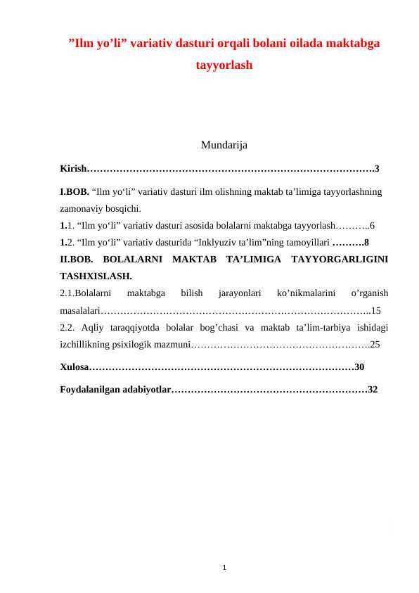 ”Ilm yo’li” variativ dasturi orqali bolani oilada maktabga tayyorlash