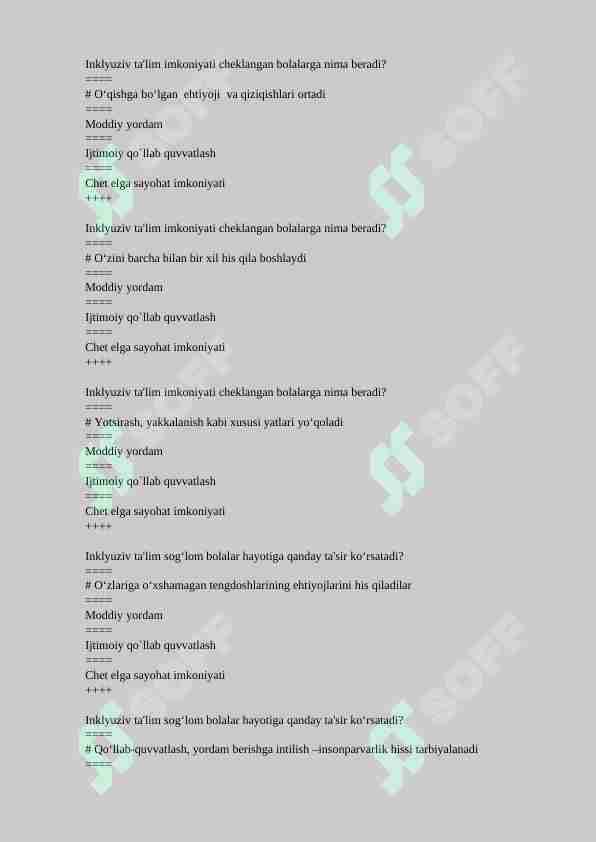 inklyuziv ta'limdan 100 talik test javoblari bilan