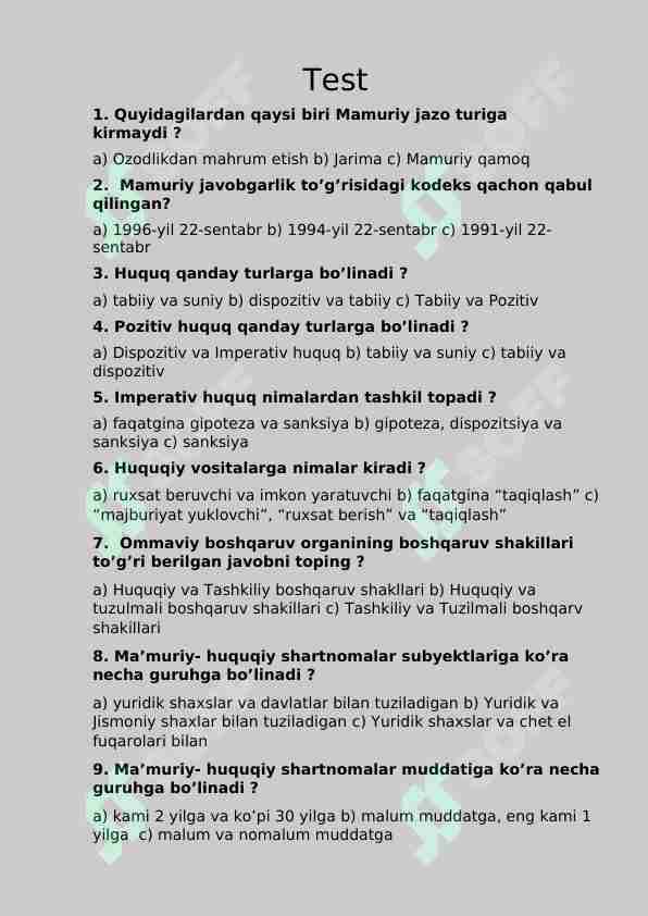 Mamuriy huquq fanidan 10 test, 10 savol javob