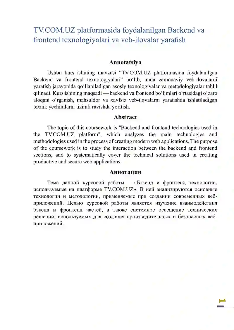 Backend va frontend texnologiyalari va veb-ilovalar yaratish