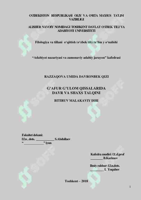 G’AFUR G’ULOM QISSALARIDA DAVR VA SHAXS TALQINI