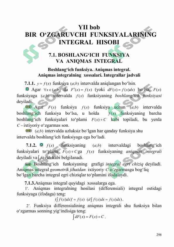 Boshlang‘ich funksiya. Aniqmas integral.  Aniqmas intеgralning xossalari. Integrallar jadvali