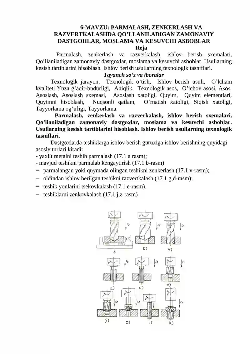 PARMALASH, ZENKERLASH VA RAZVERTKALASHDA QO’LLANILADIGAN ZAMONAVIY DASTGOHLAR, MOSLAMA VA KESUVCHI ASBOBLAR