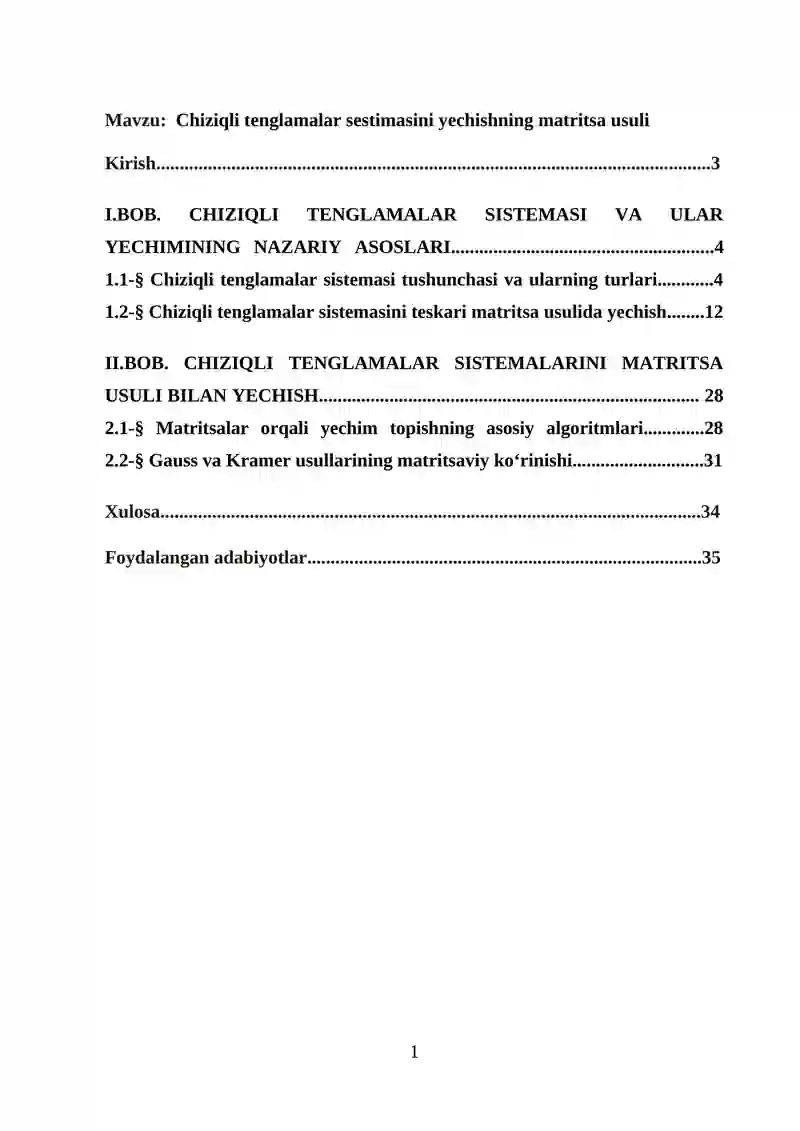 Chiziqli Tenglamalar Sestimasini Yechishning Matritsa Usuli