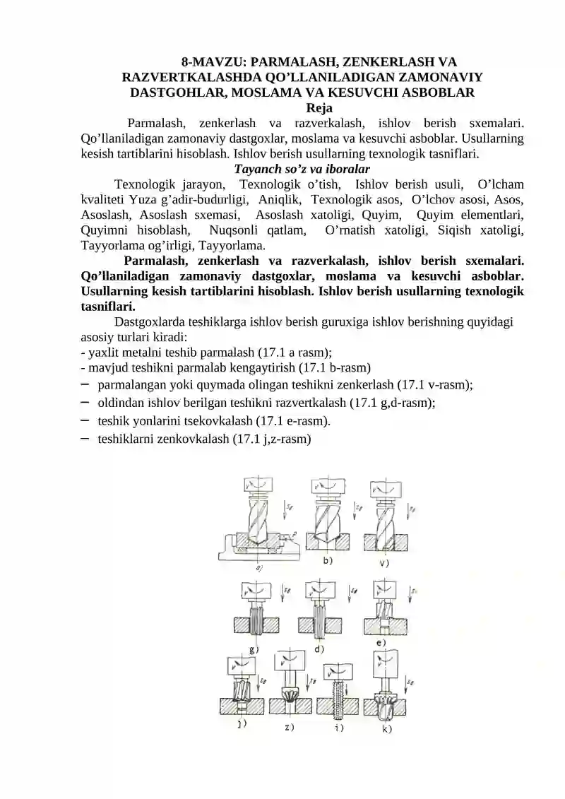 PARMALASH, ZENKERLASH VA RAZVERTKALASHDA QO’LLANILADIGAN ZAMONAVIY DASTGOHLAR, MOSLAMA VA KESUVCHI ASBOBLAR