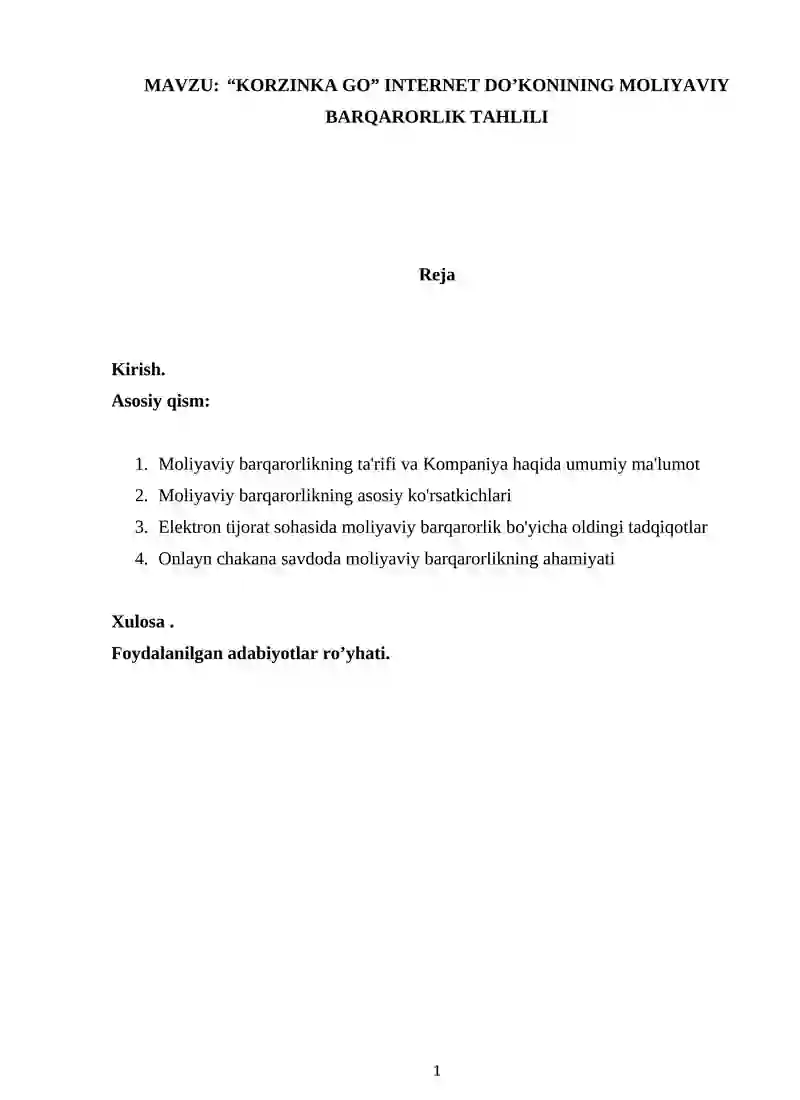 "Korzinka Go" Internet Do'konining Moliyaviy Barqarorlik Tahlili