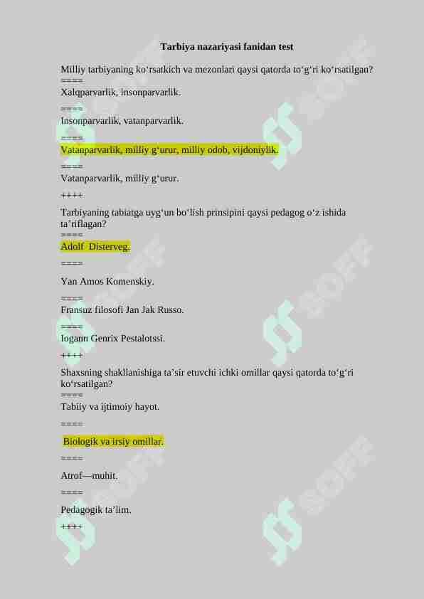 Tarbiya nazariyasi fanidan 100 talik test, javoblari bilan