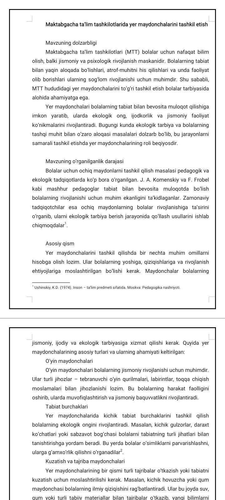Maktabgacha ta’lim tashkilotlarida yer maydonchalarini tashkil etish