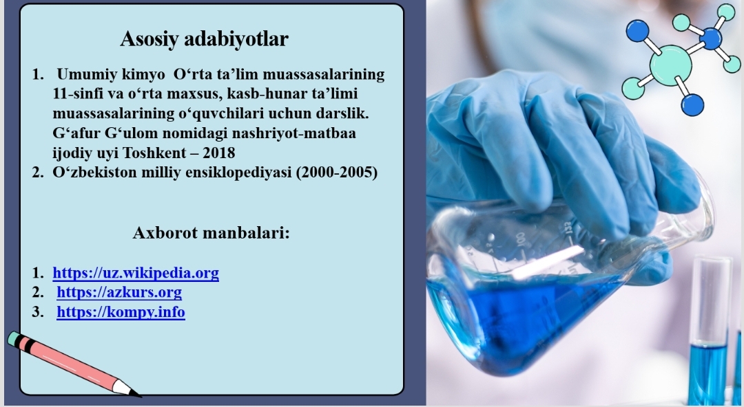 Mavzu: Eritmalar. Foiz, molyar va normal konsentratsiyali eritmalar tayyorlash. Fiksanal eritmalar tayyorlash. Eritmalar. Molyal konsentratsiya va eritma titri. Moddalar eruvchanligi va eruvchanlik ko’payitmasi.