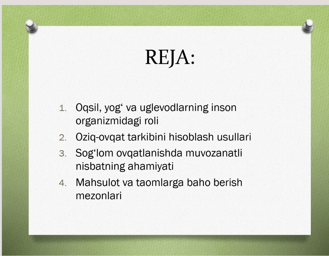 Yogʻ,uglevodlar,oqsil nisbati,miqdor koʻrsatgichlarini hisoblash, mahsulot va taomning turli tuman bulishi va unga baxo berish MUSTAQIL ISH