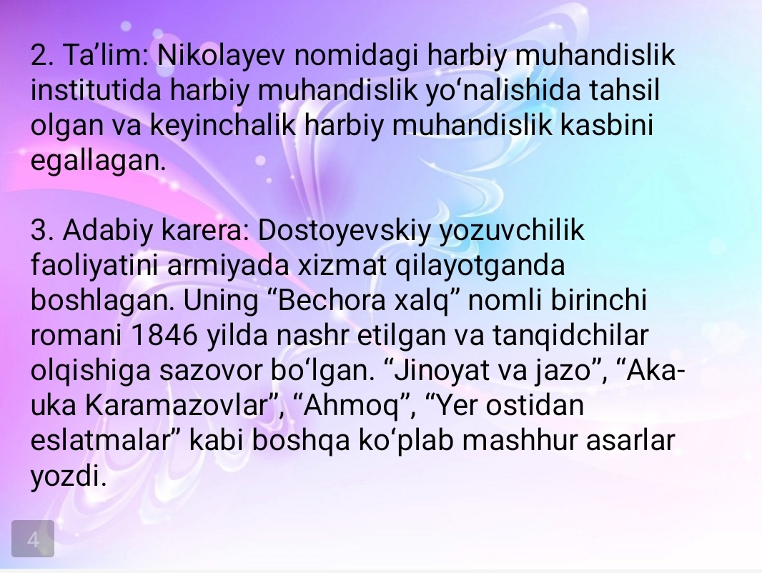 Dostoevskiy hayoti va " Telba" asari tahlili