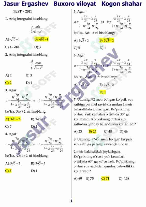 2021 DTM 5-avgust test savollari. Savollar soni 100 ta javoblari bilan
