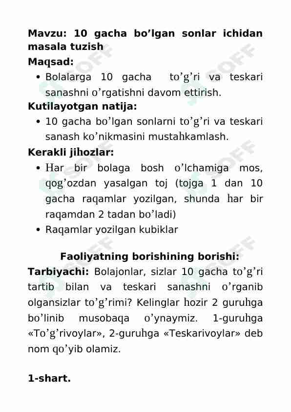 Mashg'ulot ishlanma: 10gacha bo'lgan sonlar ichidan masala tuzish