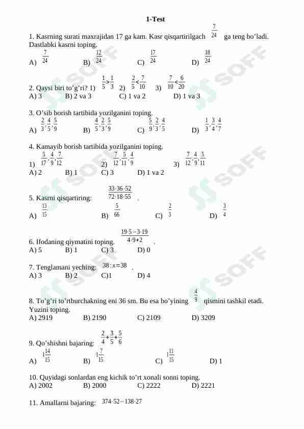Matematika fanidan testlar