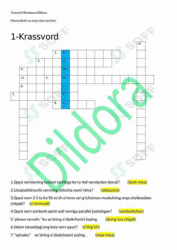 Anatomiya mustaqil ish krossvord