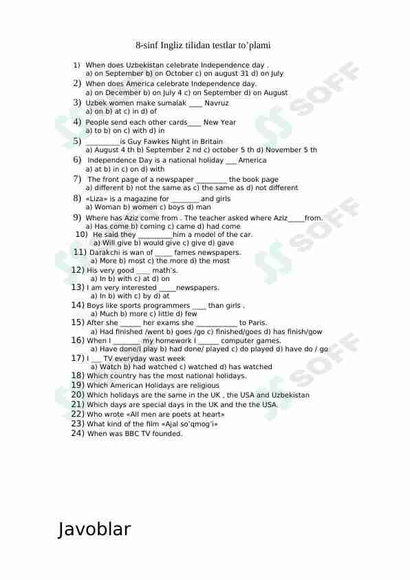 8-sinf Ingliz tili test