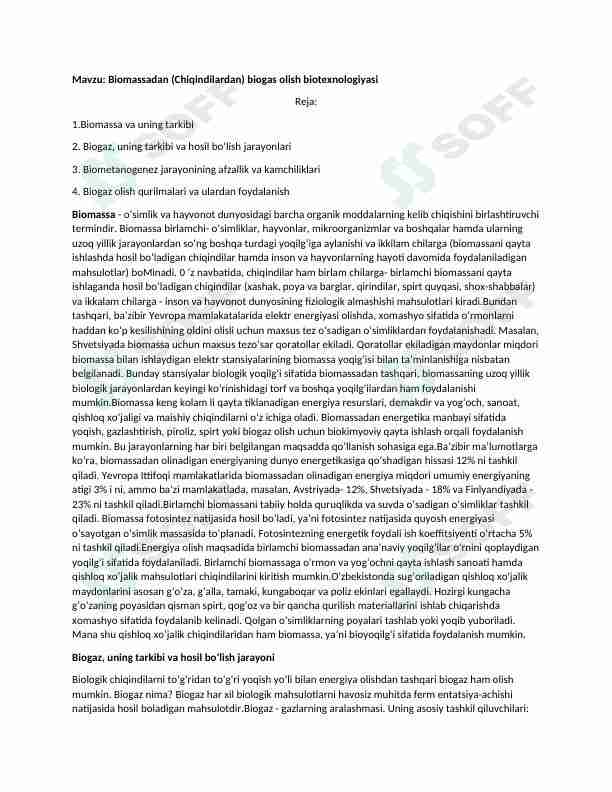 Biomassadan biogas olish texnologiyasi