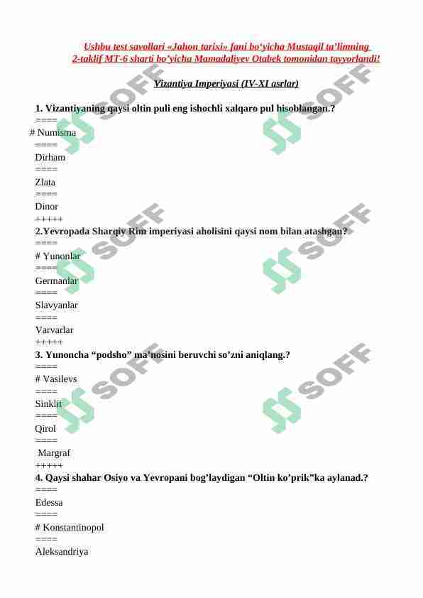 VIZANTIYA IMPERIYASI TEST