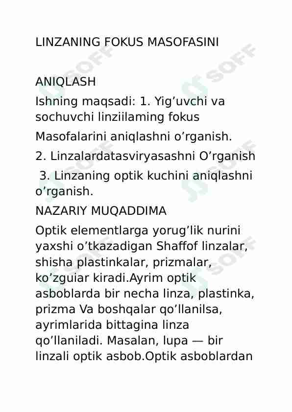 Linzaning fokus masofasini aniqlash