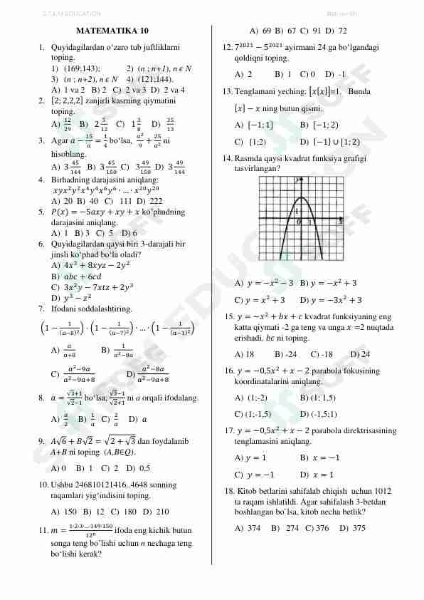 Matematika DTM test Abituriyentlar uchun