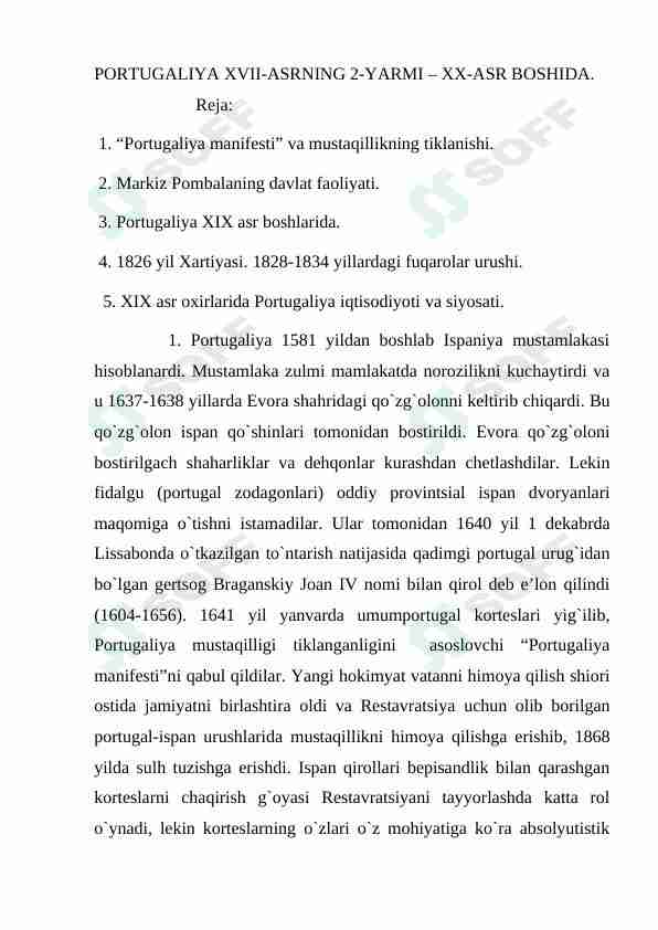 PORTUGALIYA XVII-ASRNING 2-YARMI – XX-ASR BОSHIDA.