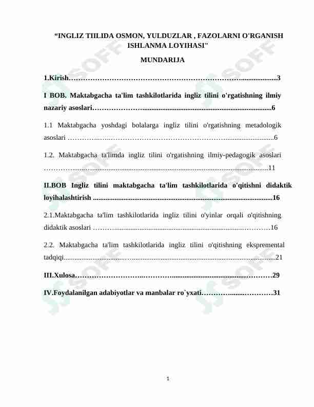 ingliz tilida osmon,yulduzlar, fazolarni o'rganish ishlanma loyihasi