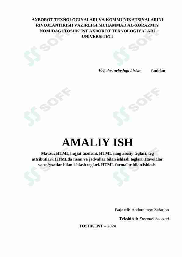 HTML hujjat tuzilishi. HTML ning asosiy teglari, teg attributlari. HTMLda rasm va jadvallar bilan ishlash teglari. Havolalar va ro‘yxatlar bilan ishlash teglari. HTML formalar bilan ishlash.