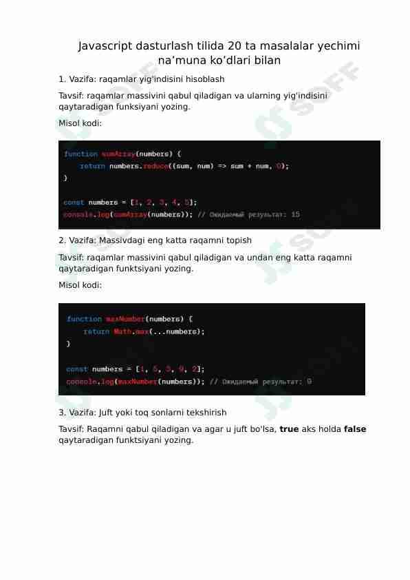Javascript dasturlash tilidan 20 ta masalalar to'plami, ko'd na'munasi bilan.