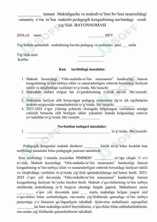 4 sonli Pedagogik kengash bayonnomasi blankasi 2023-2024.