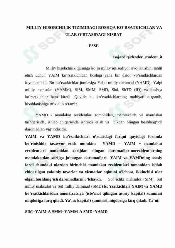 MILLIY HISOBCHILIK TIZIMIDAGI BOSHQA KО‘RSATKICHLAR VA ULAR О‘RTASIDAGI NISBAT