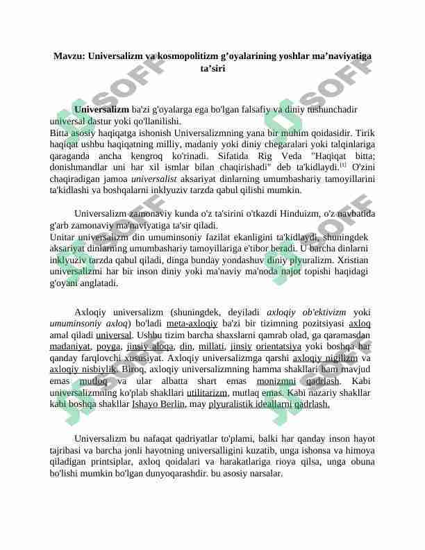 Universalizm va kosmopolitizm g’oyalarining yoshlar ma’naviyatiga ta’siri