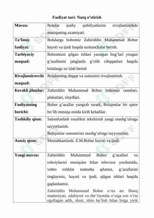 Mashg'ulot ishlanma: Bolalar ijodiy qobiliyatlarini rivojlantirishda musiqaning axamiyati.
