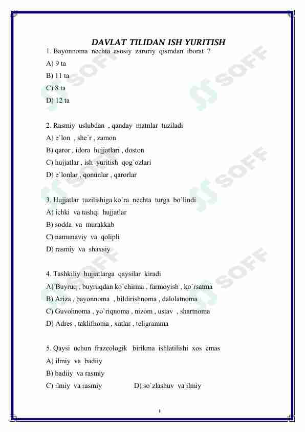 Davlat tilida ish yuritish fanidan 100 talik test (javoblari bilan)