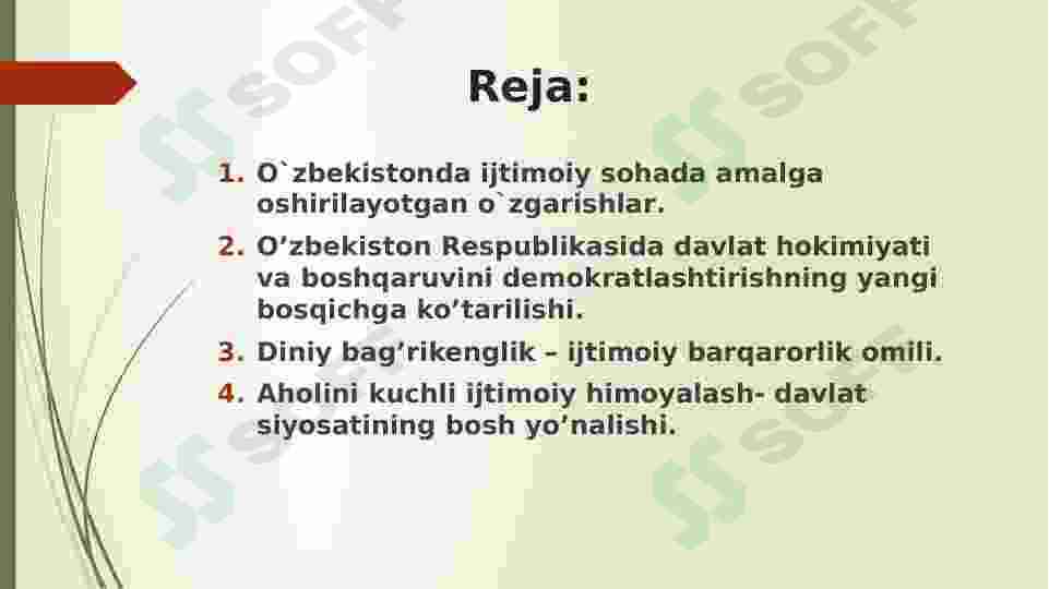 O'zbekistonda ijtimoiy sohada amalga oshirilayotgan o'zgarishlar mazmun va mohiyati.