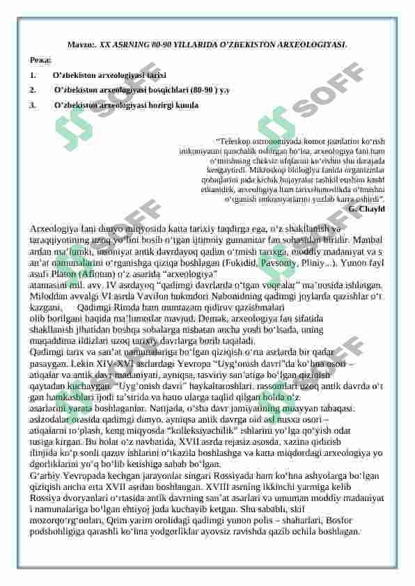 XX ASRNING 80-90 YILLARIDA O'ZBEKISTON ARXEOLOGIYASI