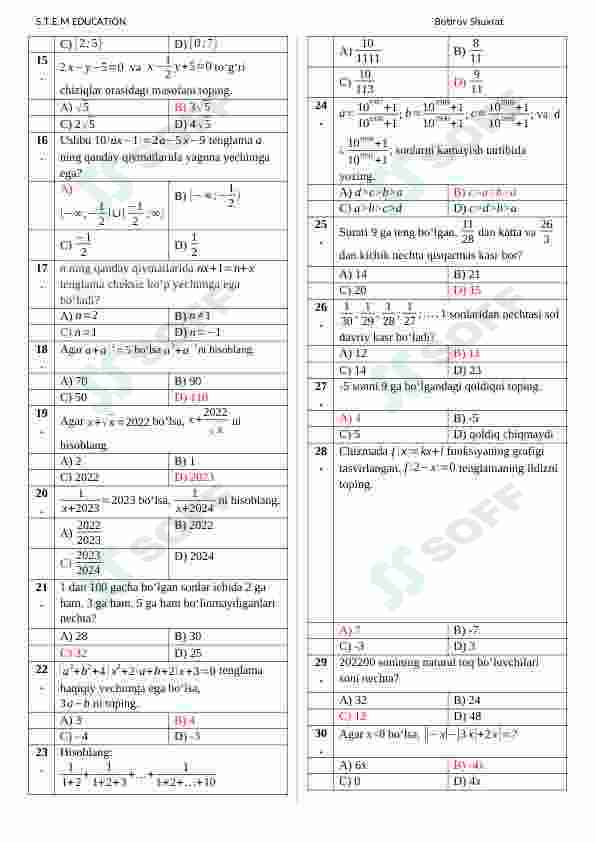 Matematikadan abituriyentlarni sinov qilish uchun test (Word file) TUSHISH EHTIMOLI BOR