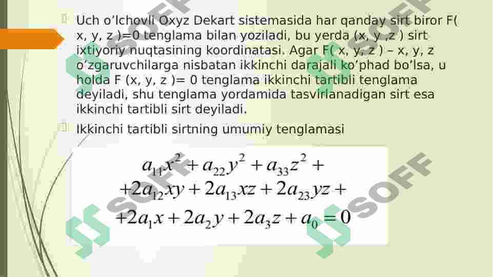 Ikkinchi tartibli sirtlarning umumiy tenglamalari kanonik ko‘rinishi.