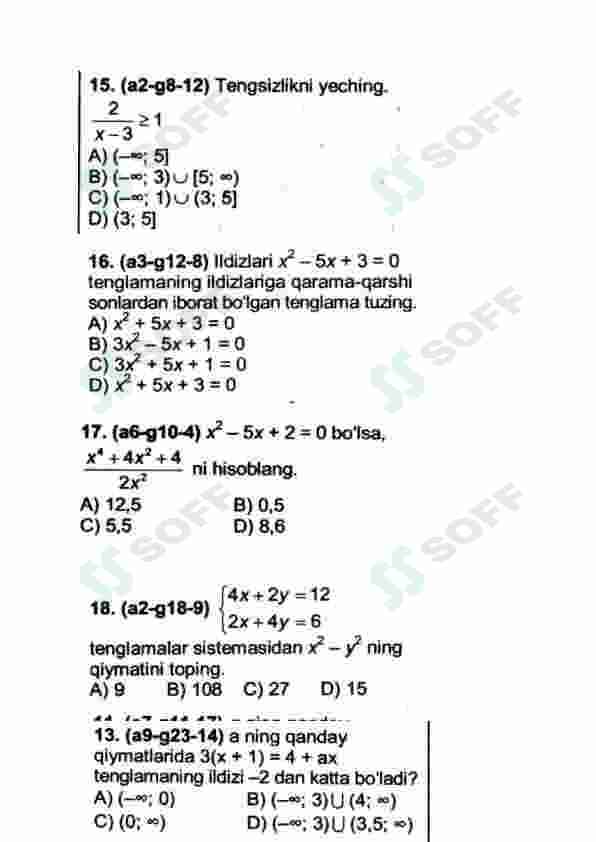 Matematikadan test topshiriqlari abiturientlar uchun