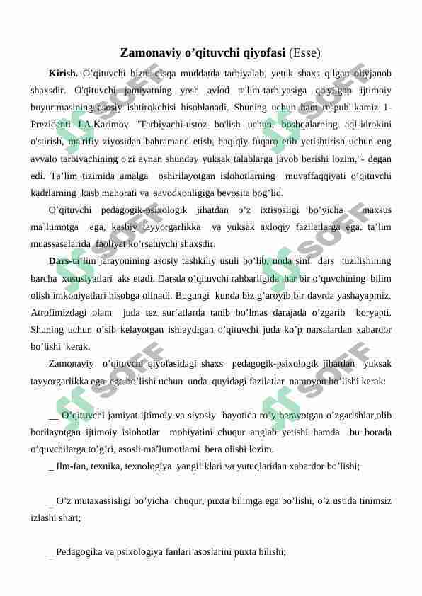 Zamonaviy o’qituvchi qiyofasi (ESSE)