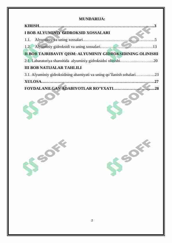 alyuminiy gidroksidning olinishi va xossalari