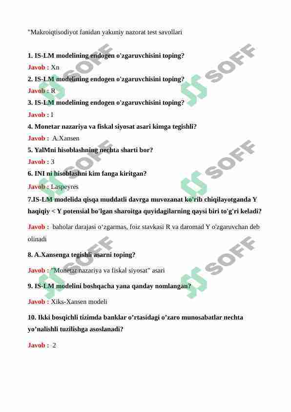 Makroiqtisodiyot fanidan yakuniy testlar javobi bilan